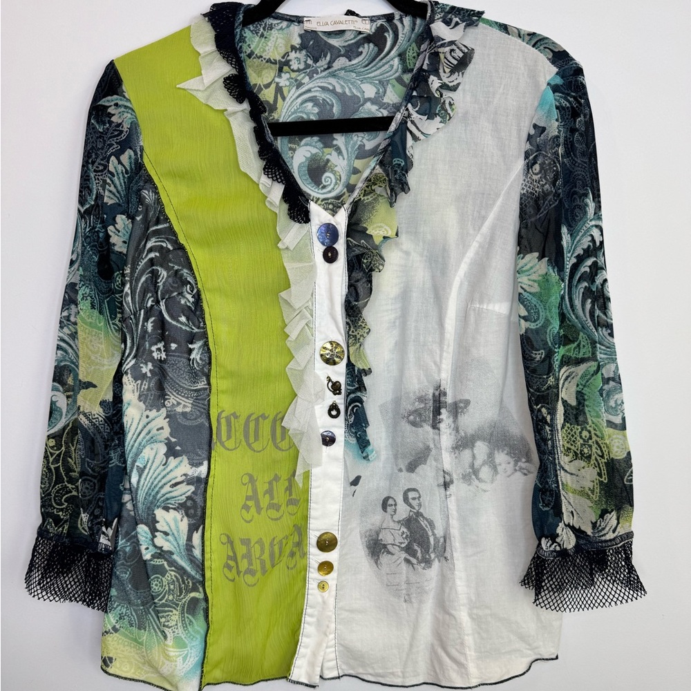 Elisa Cavaletti Green Blue Artistic Blouse Multicolour Floral Mesh abstract